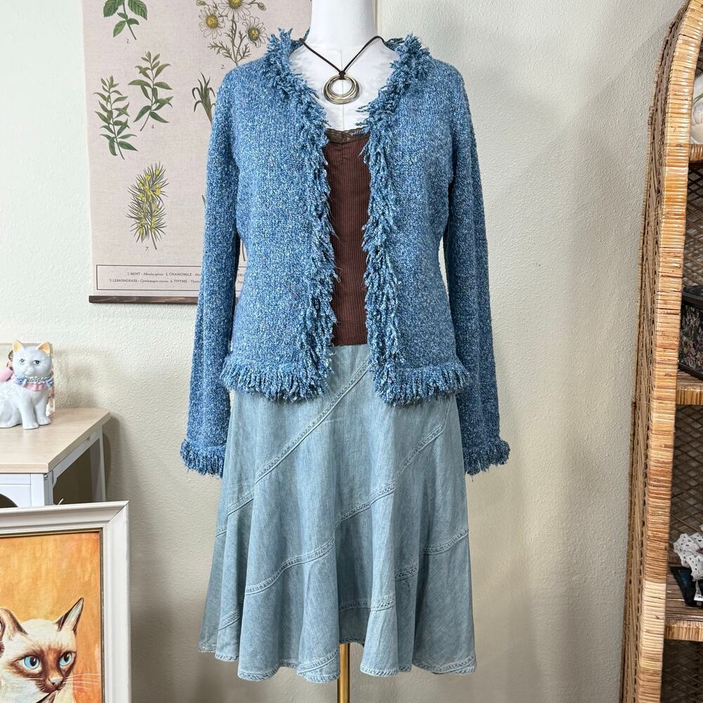 Vtg 90s Y2k Fringe Cardigan Sweater Whimsy Fairy Grunge Forest Coastal Grandma L